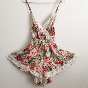 LF Floral Lace Trim Romper - Red and Green